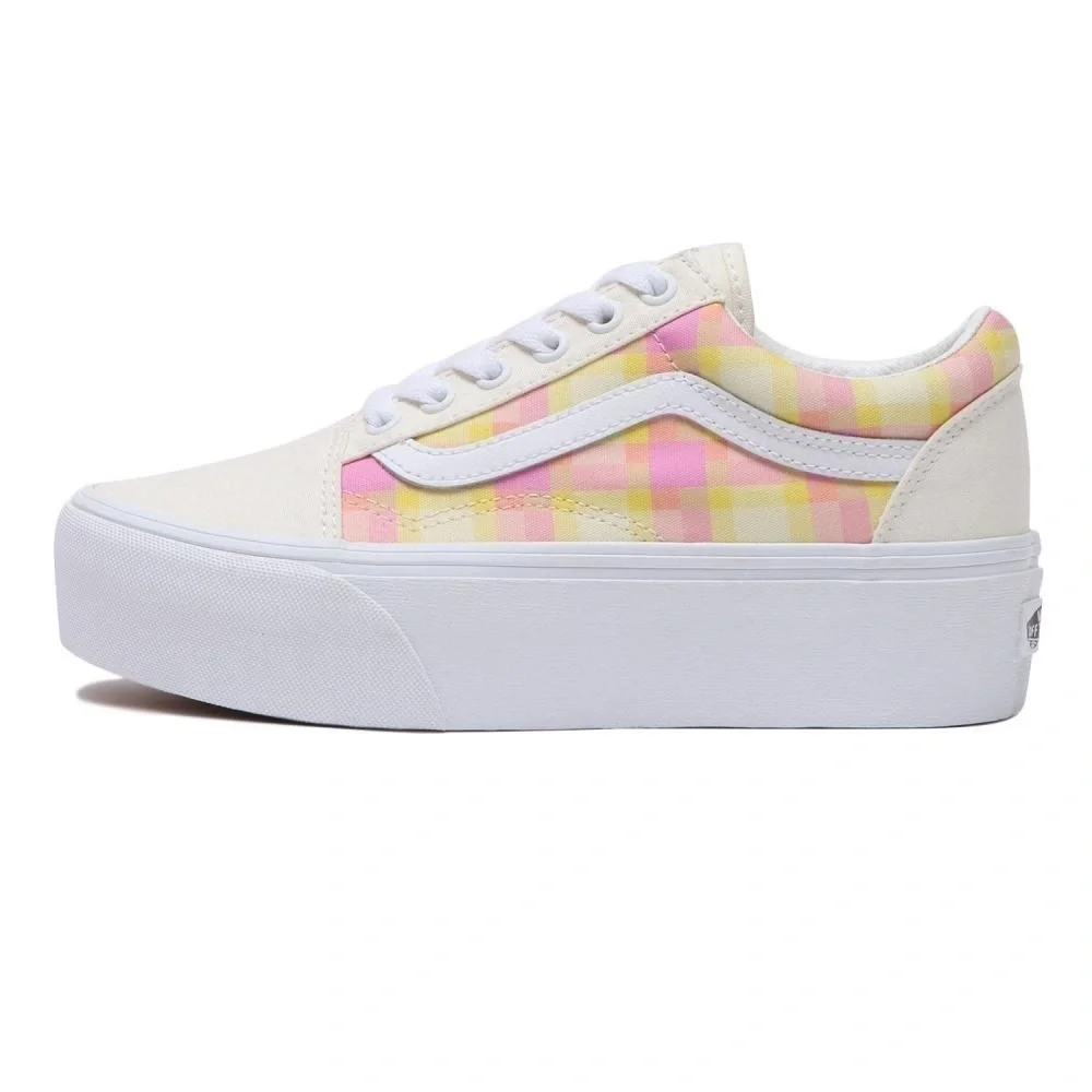 New Vans Women's OLD SKOOL STACKFORM PASTEL PICNIC PINK PLAID SNEAKERS 5 or 3.5